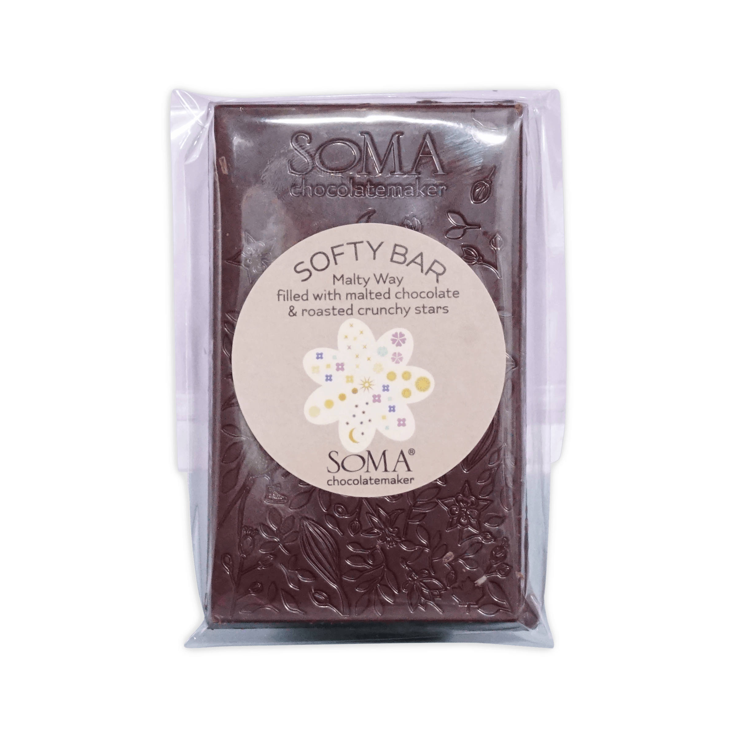 Soma Softy Bar Malty Way chocolate in clear packaging with floral-embossed bar and round label