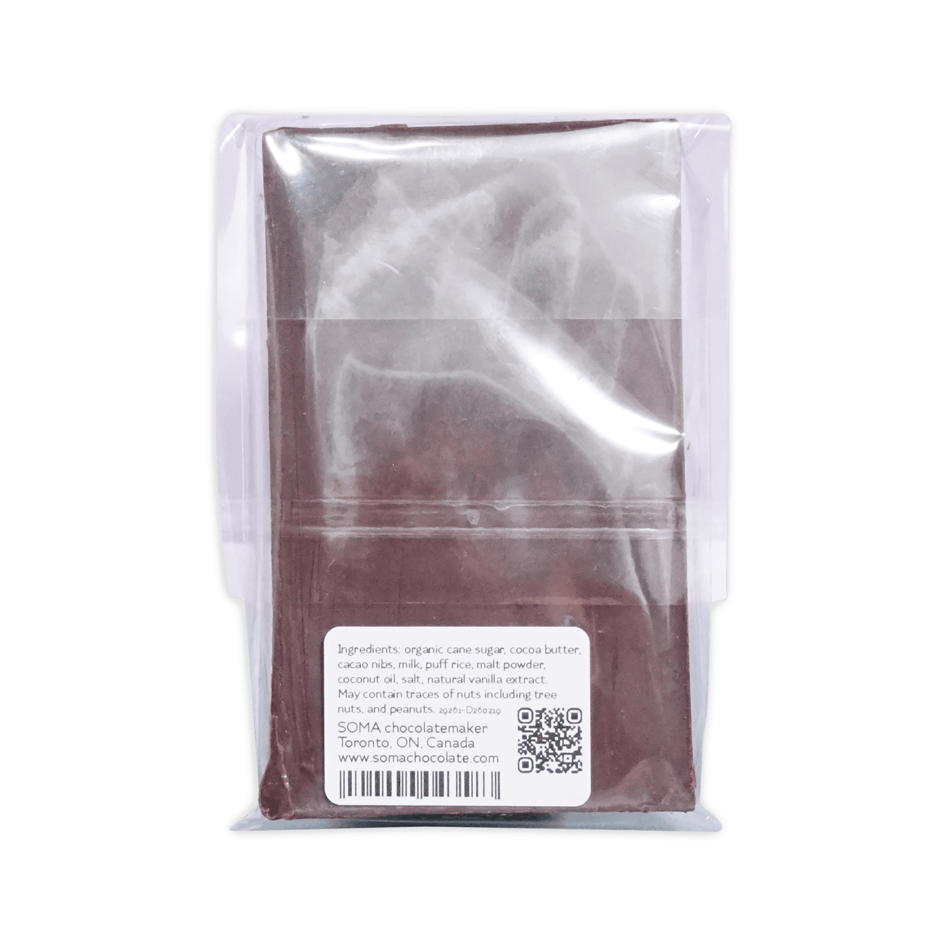 Back of Soma Softy Bar in clear wrap showing ingredients label and barcode