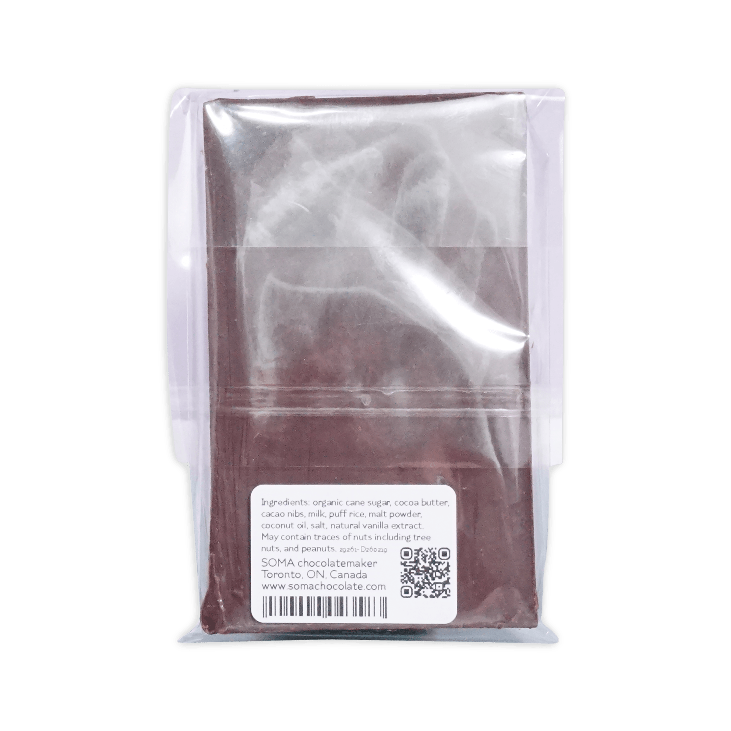 Back of Soma Softy Bar in clear wrap showing ingredients label and barcode