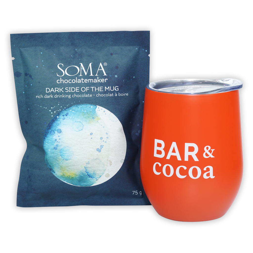 Soma Drinking Chocolate Dark Side of the Mug orange tumbler with bar & cocoa text