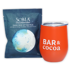 Soma Drinking Chocolate Dark Side of the Mug orange tumbler with bar & cocoa text
