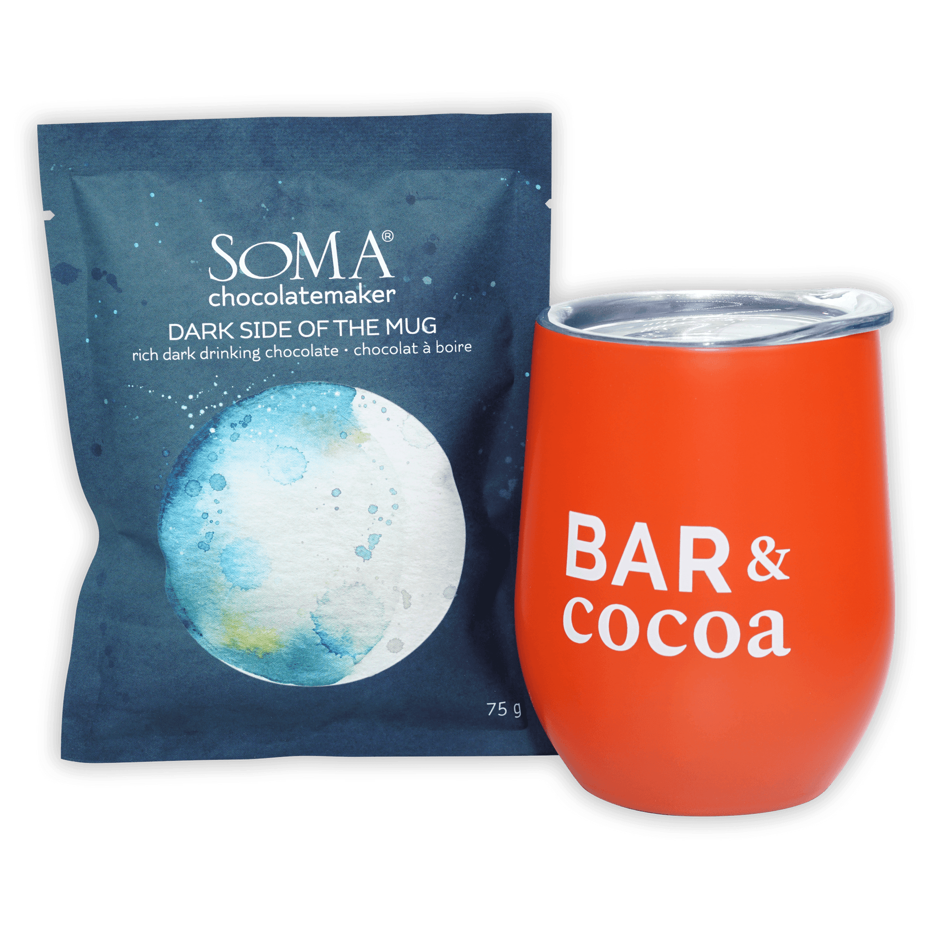 Soma Drinking Chocolate Dark Side of the Mug orange tumbler with bar & cocoa text