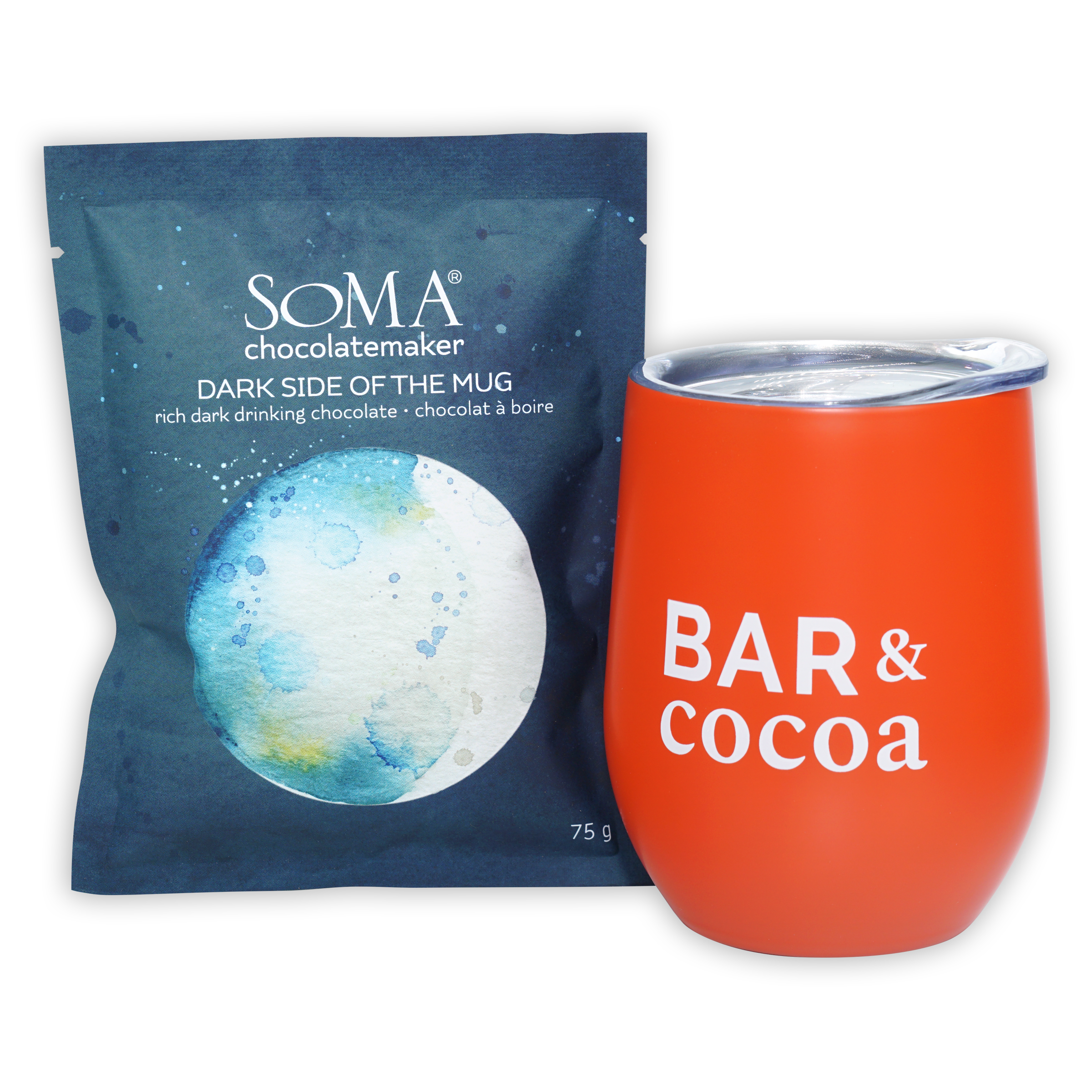 Soma Drinking Chocolate Dark Side of the Mug orange tumbler with bar & cocoa text