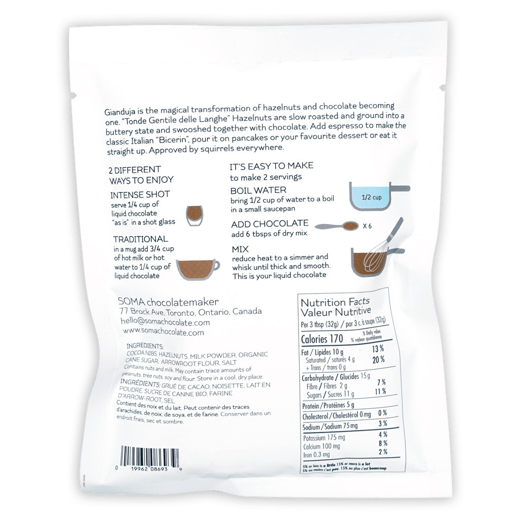 Back of Soma Drinking Chocolate Gianduja white paper packaging with black text and preparation illustrations