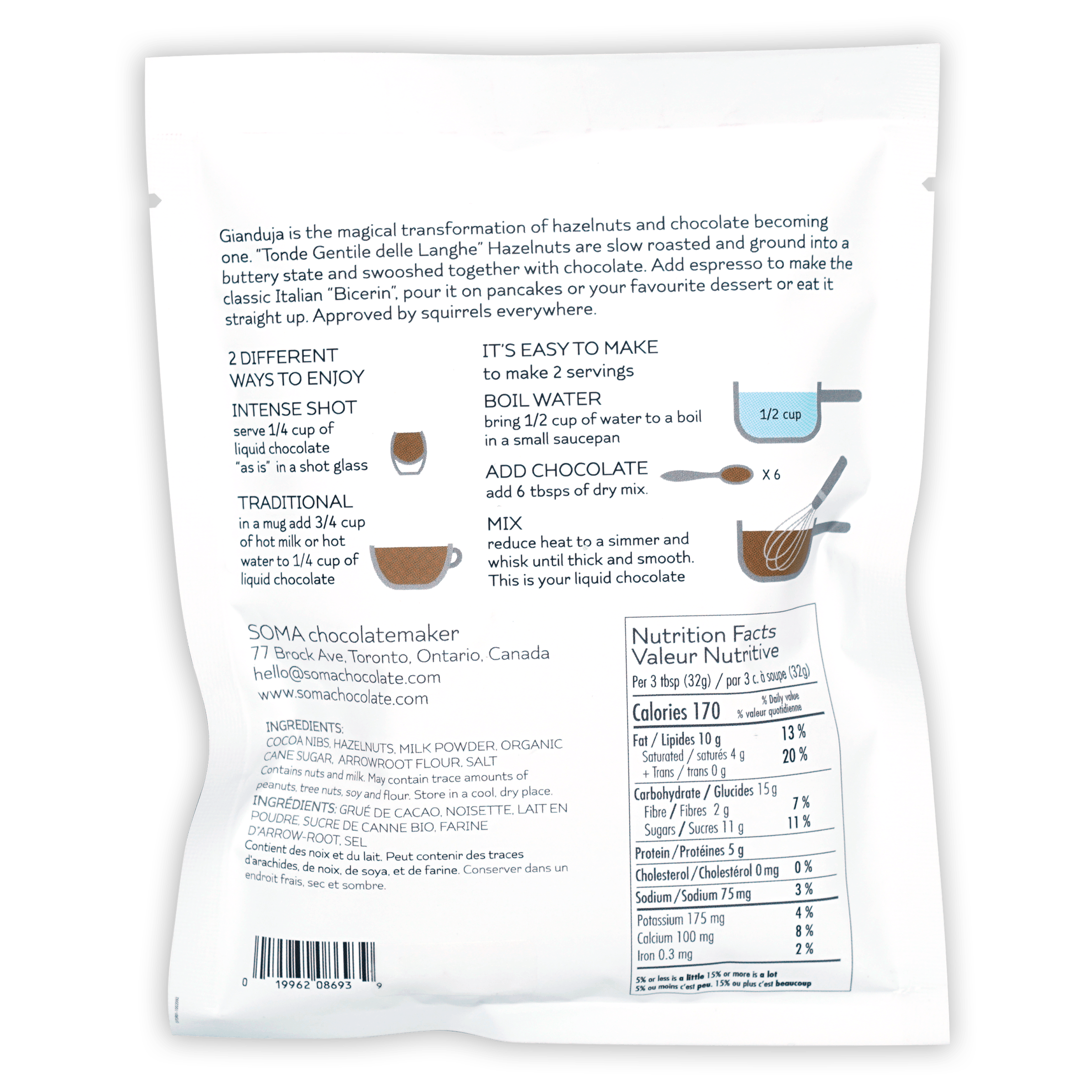Back of Soma Drinking Chocolate Gianduja white paper packaging with black text and preparation illustrations