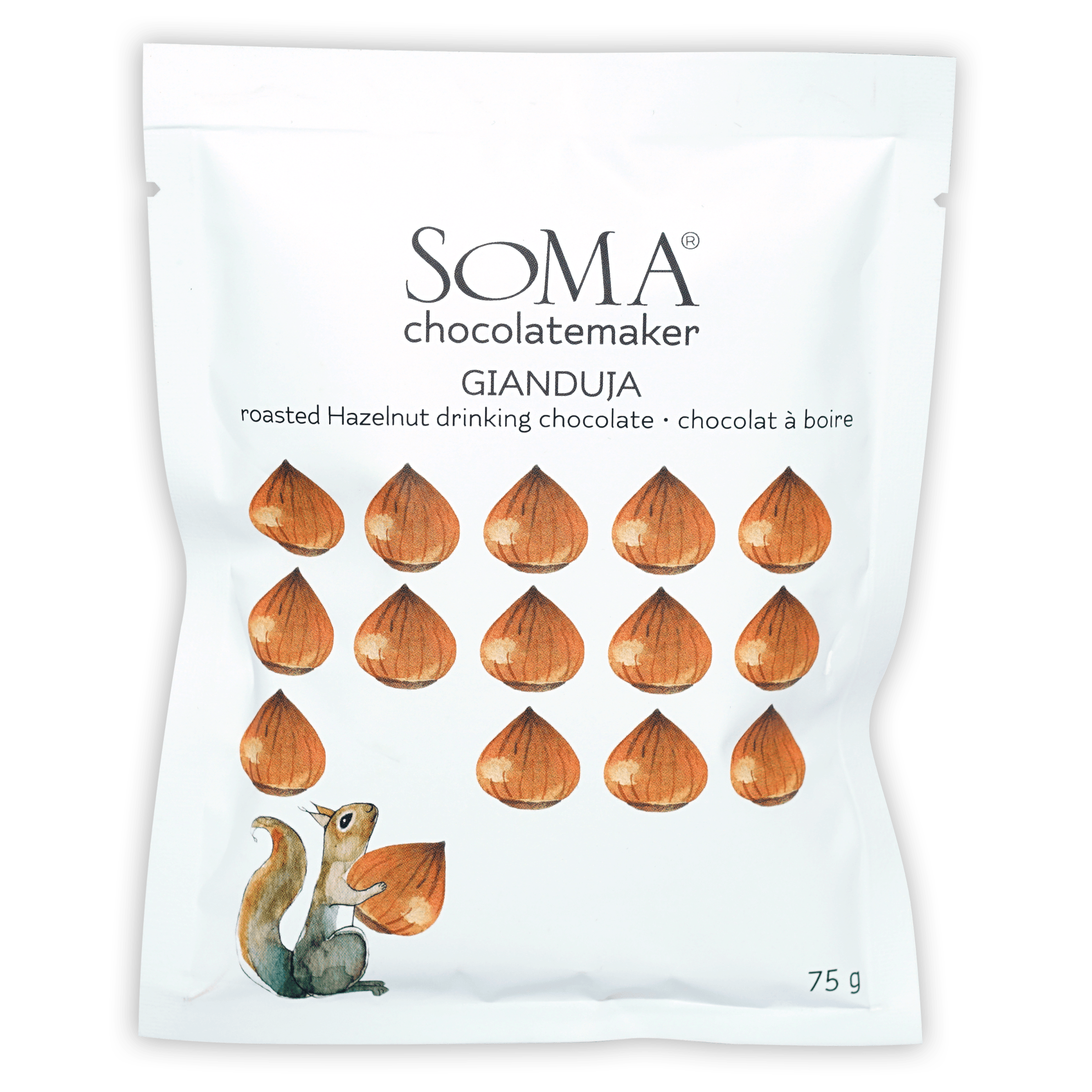 Soma Gianduja roasted hazelnut drinking chocolate white pouch with squirrel design
