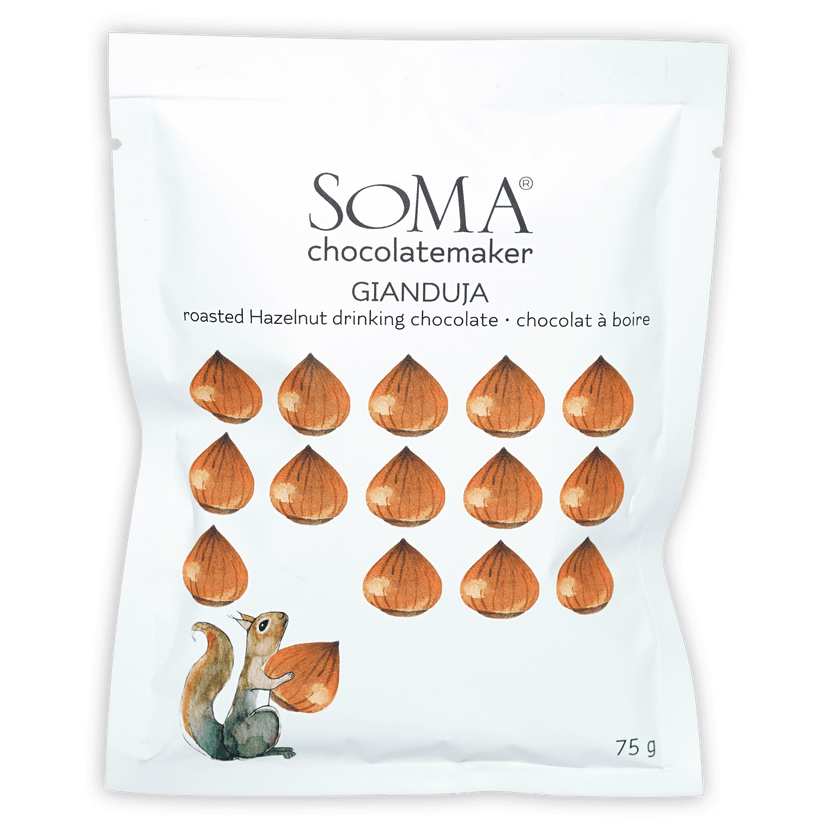 Soma Gianduja roasted hazelnut drinking chocolate white pouch with squirrel design