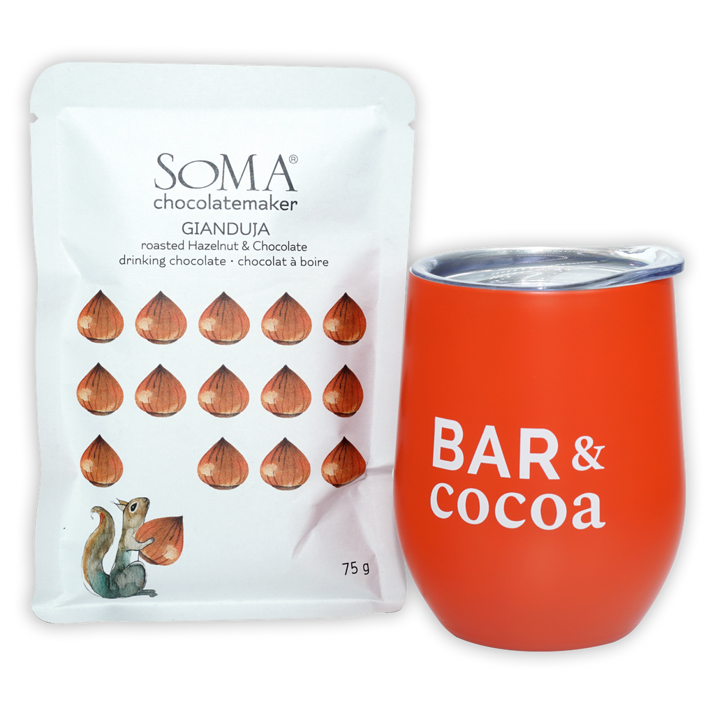Orange insulated tumbler with bar and cocoa text for Soma Gianduja drinking chocolate