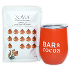 Orange insulated tumbler with bar and cocoa text for Soma Gianduja drinking chocolate