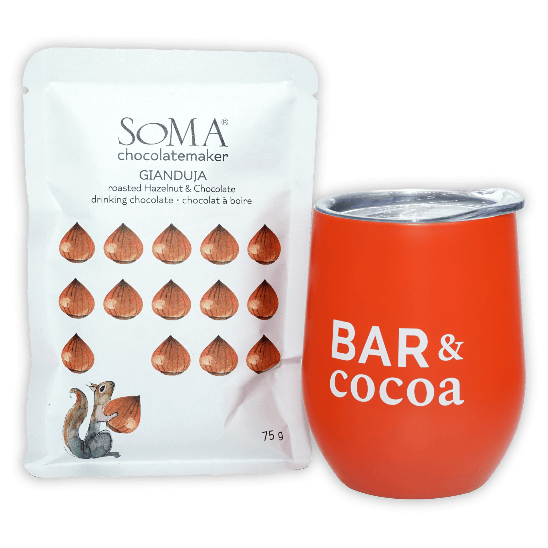 Orange insulated tumbler with bar and cocoa text for Soma Gianduja drinking chocolate