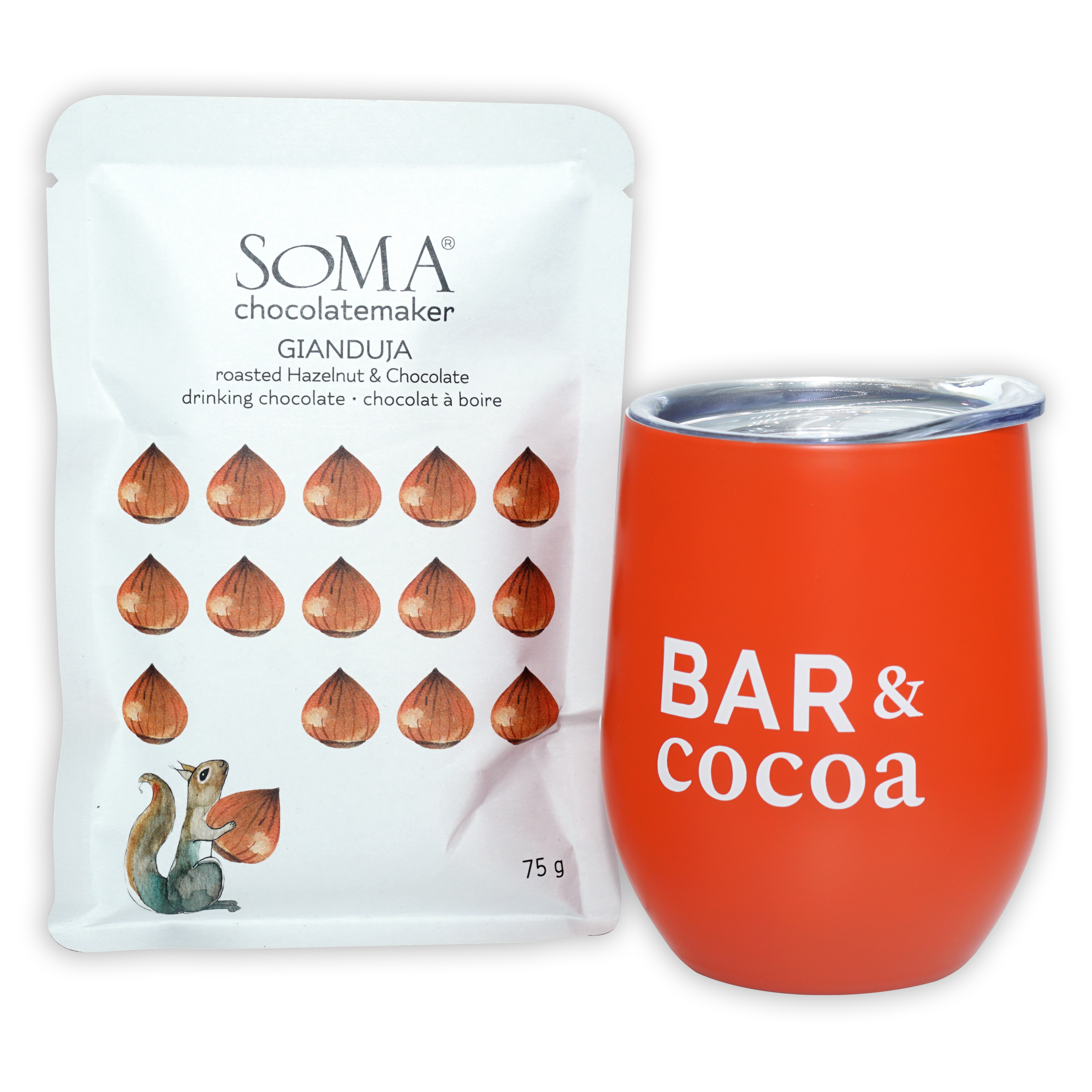 Orange insulated tumbler with bar and cocoa text for Soma Gianduja drinking chocolate