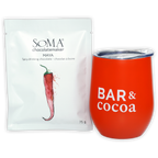 Vibrant red Soma Drinking Chocolate Maya tumbler with clear lid and bar & cocoa lettering