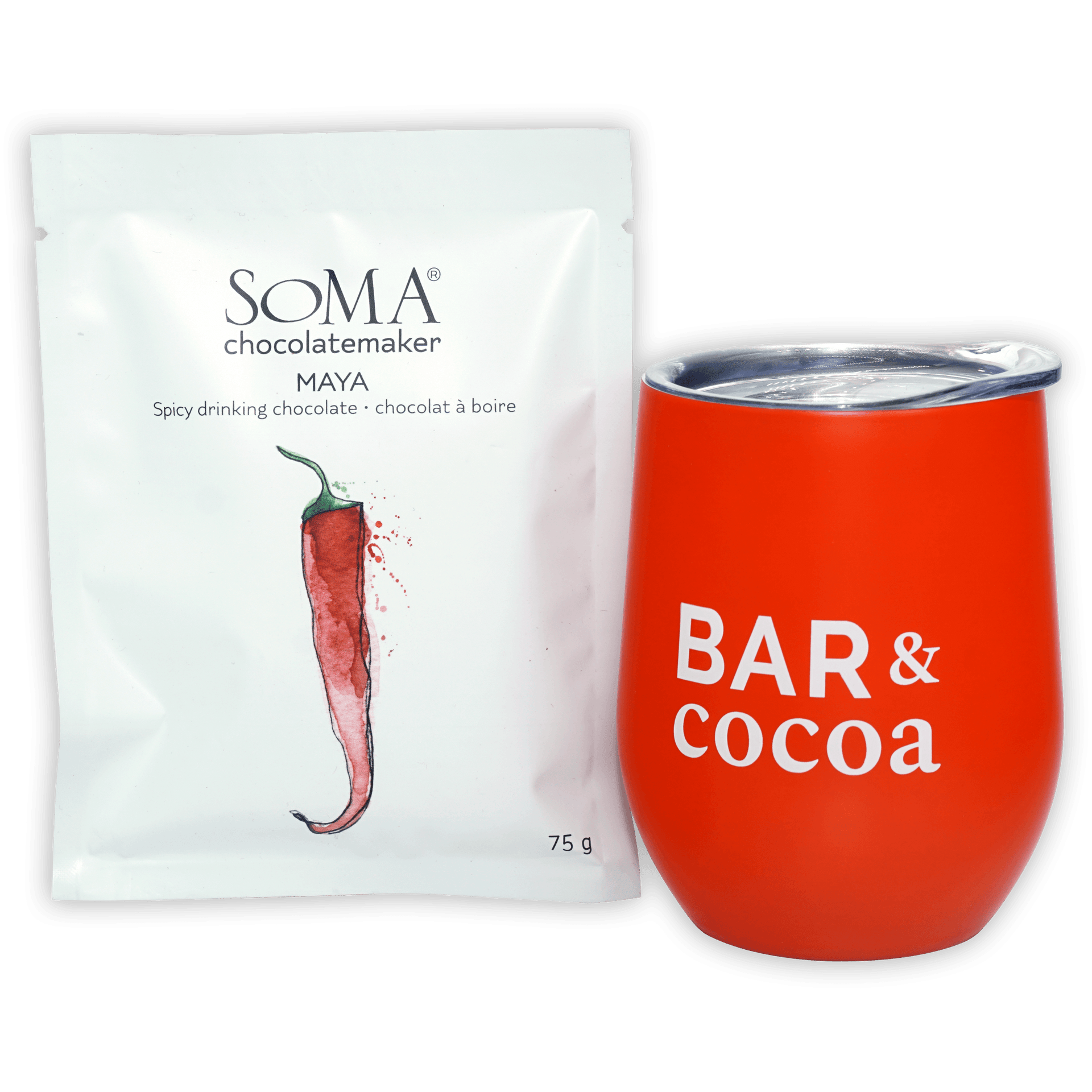 Vibrant red Soma Drinking Chocolate Maya tumbler with clear lid and bar & cocoa lettering