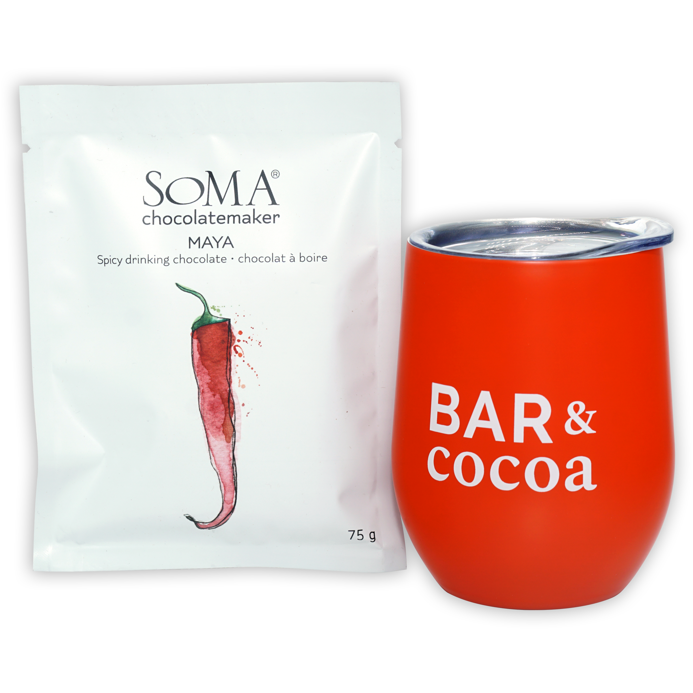 Vibrant red Soma Drinking Chocolate Maya tumbler with clear lid and bar & cocoa lettering