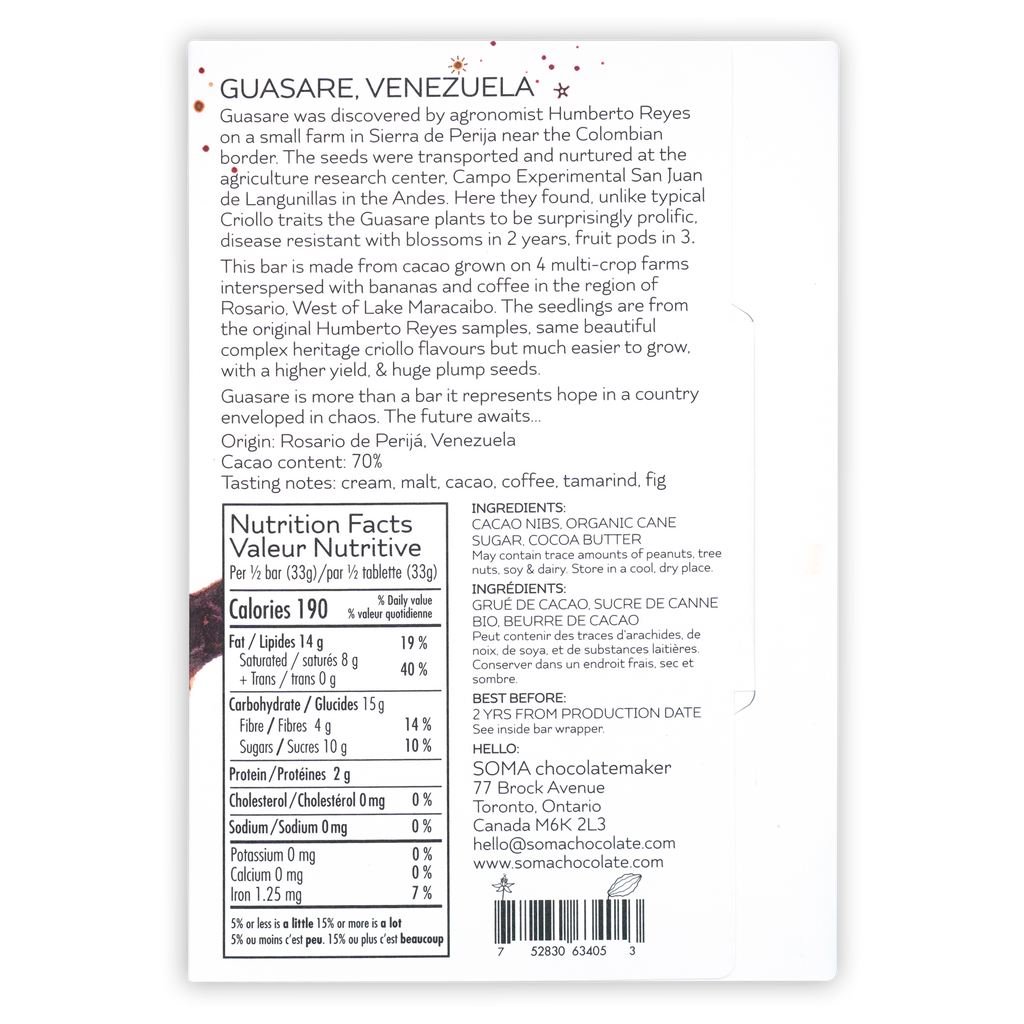 Back of Soma Guasare Venezuela 70% chocolate bar label with bilingual nutrition facts