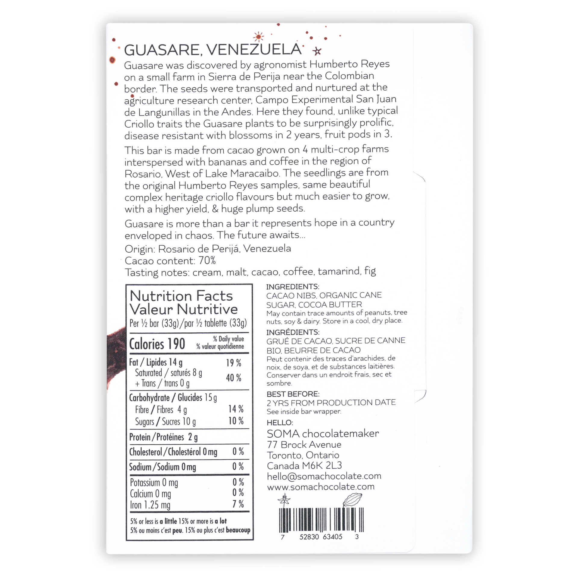 Back of Soma Guasare Venezuela 70% chocolate bar label with bilingual nutrition facts