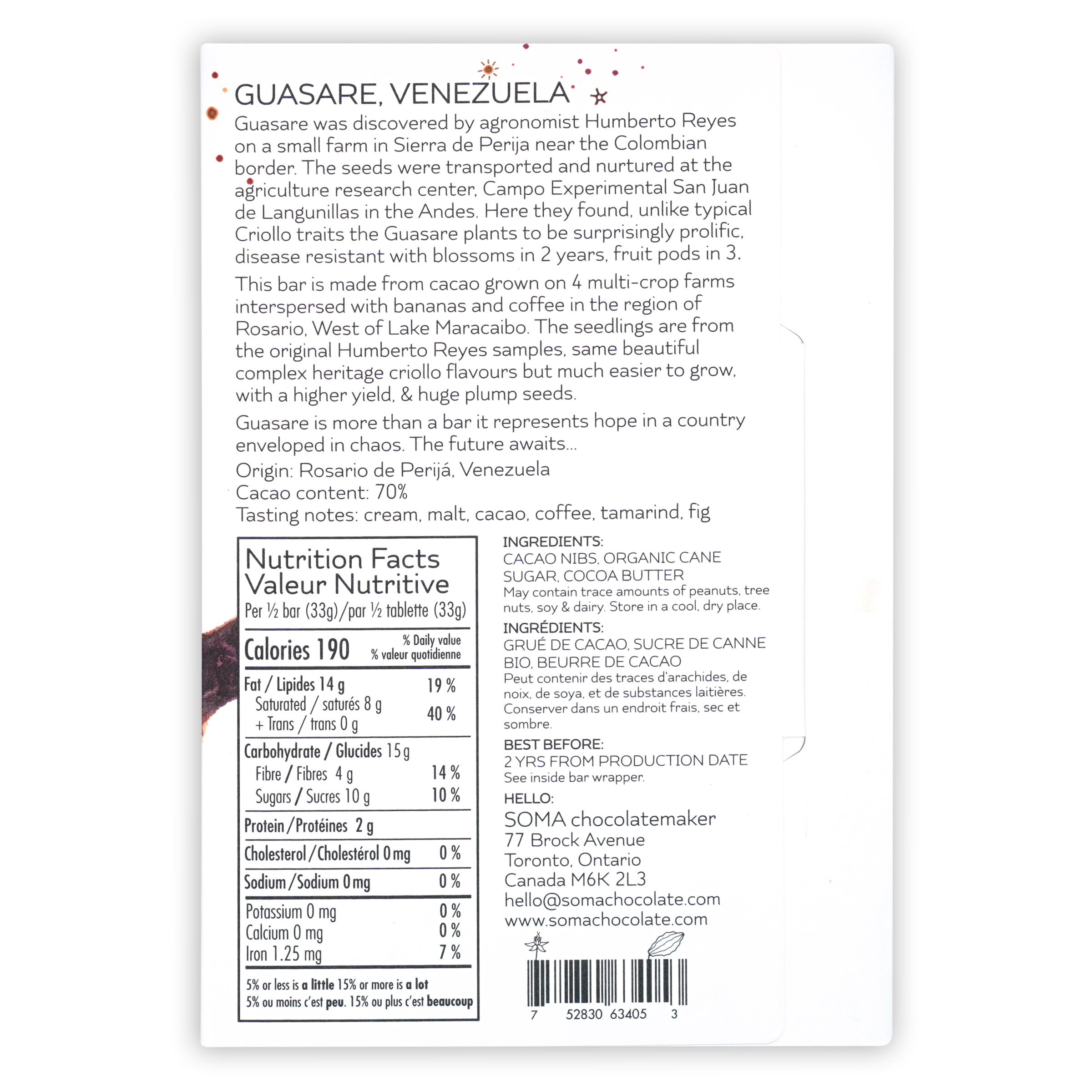 Back of Soma Guasare Venezuela 70% chocolate bar label with bilingual nutrition facts