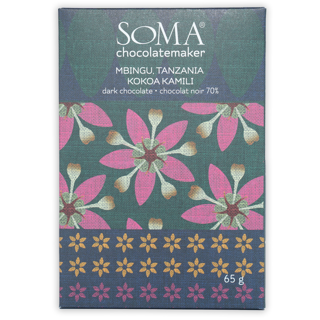 Soma Mbingu Tanzania 70% dark chocolate bar in green floral wrapper
