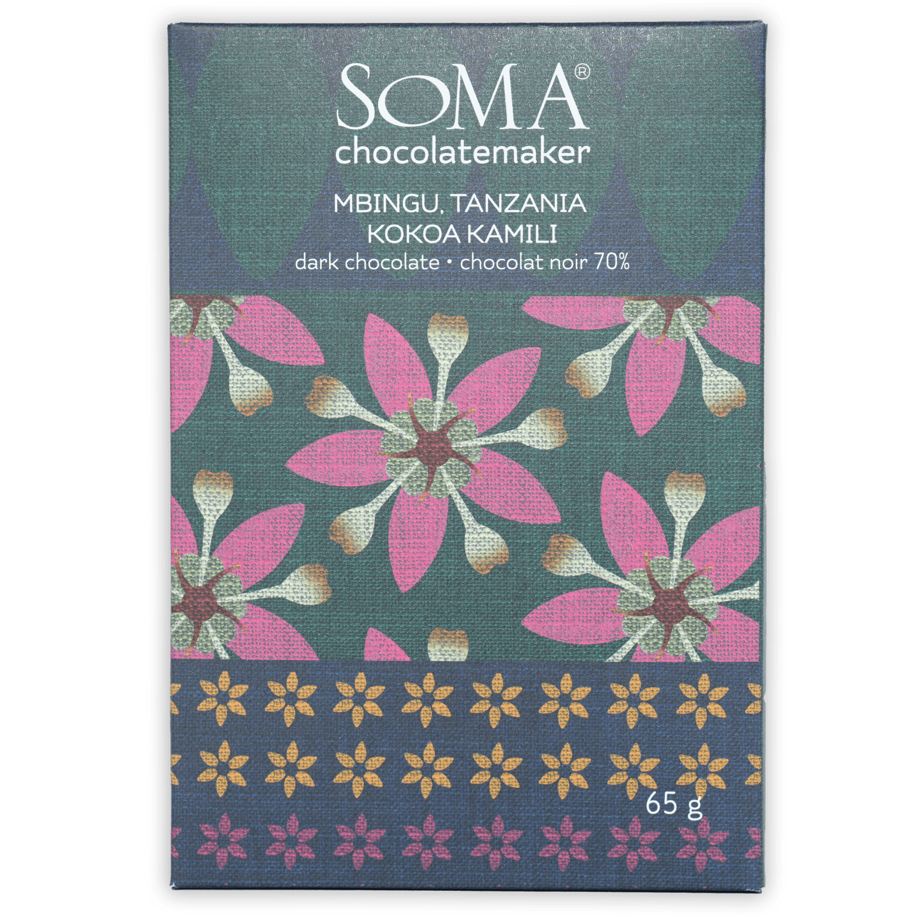 Soma Mbingu Tanzania 70% dark chocolate bar in green floral wrapper