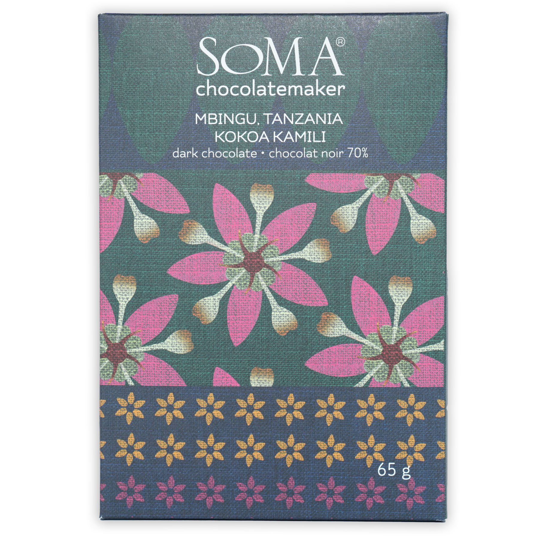 Soma Mbingu Tanzania 70% dark chocolate bar in green floral wrapper