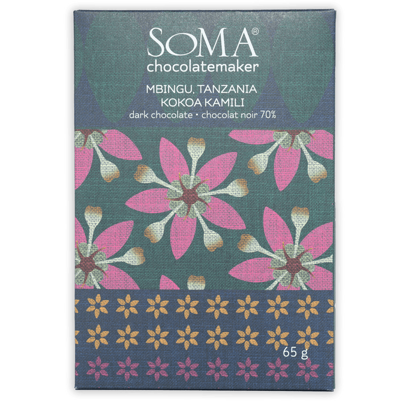 Soma Mbingu Tanzania 70% dark chocolate bar in green floral wrapper