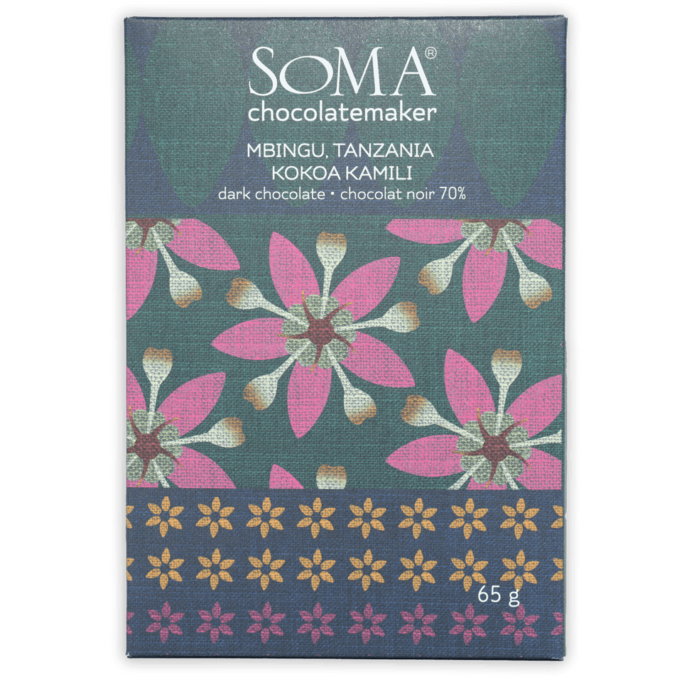 Soma Mbingu Tanzania 70% dark chocolate bar in green floral wrapper