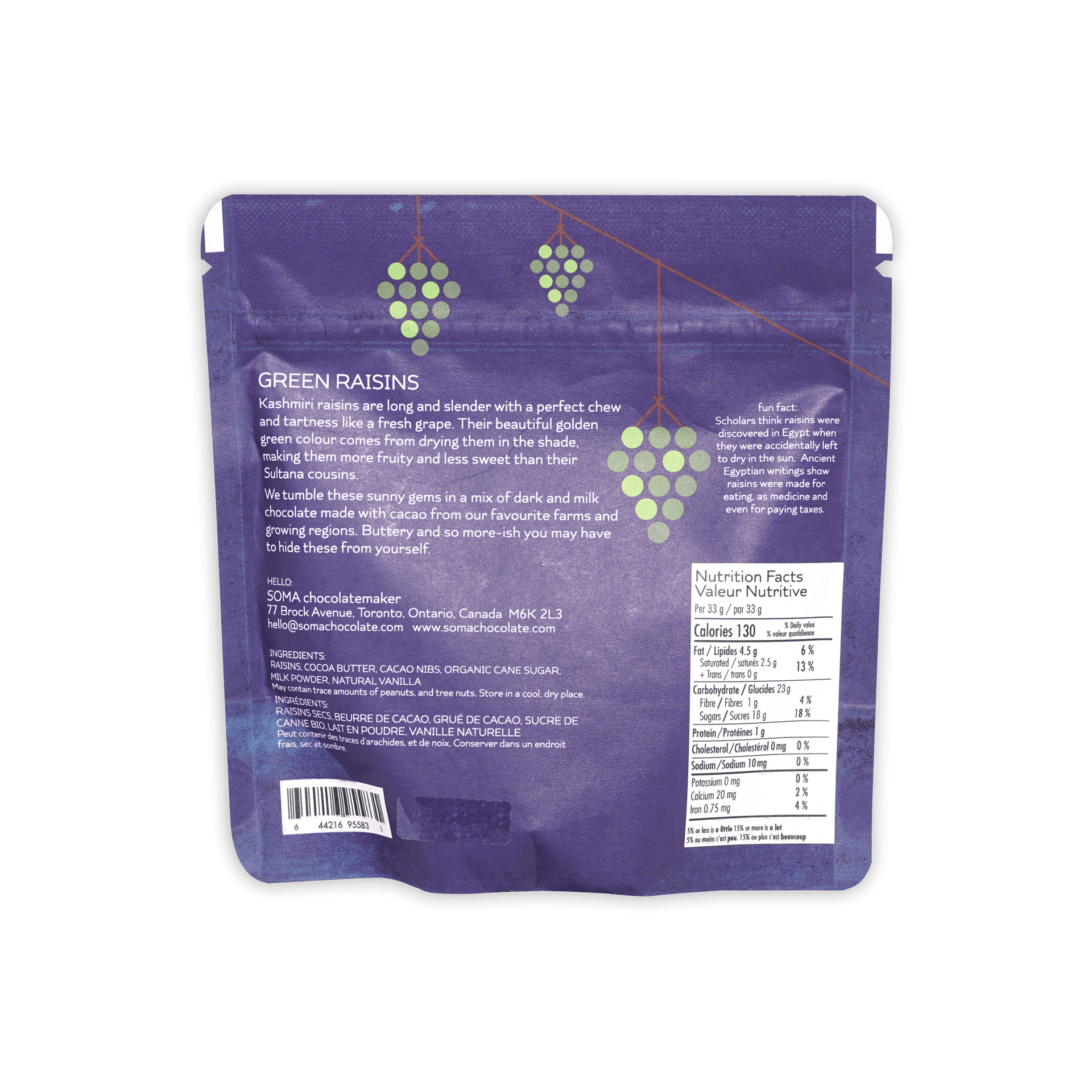 Soma Milk Chocolate Covered Green Raisins purple pouch back with nutritional info
