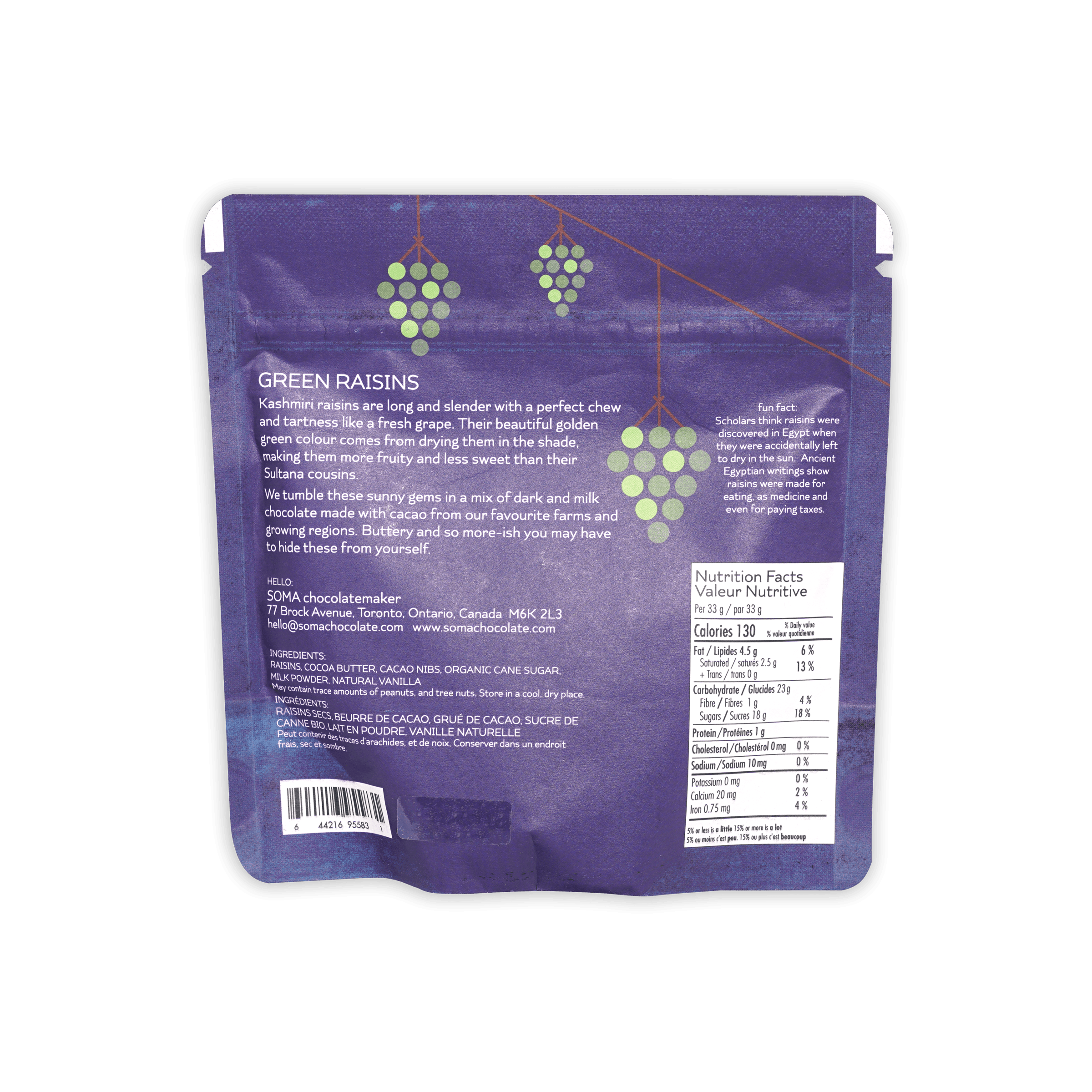 Soma Milk Chocolate Covered Green Raisins purple pouch back with nutritional info