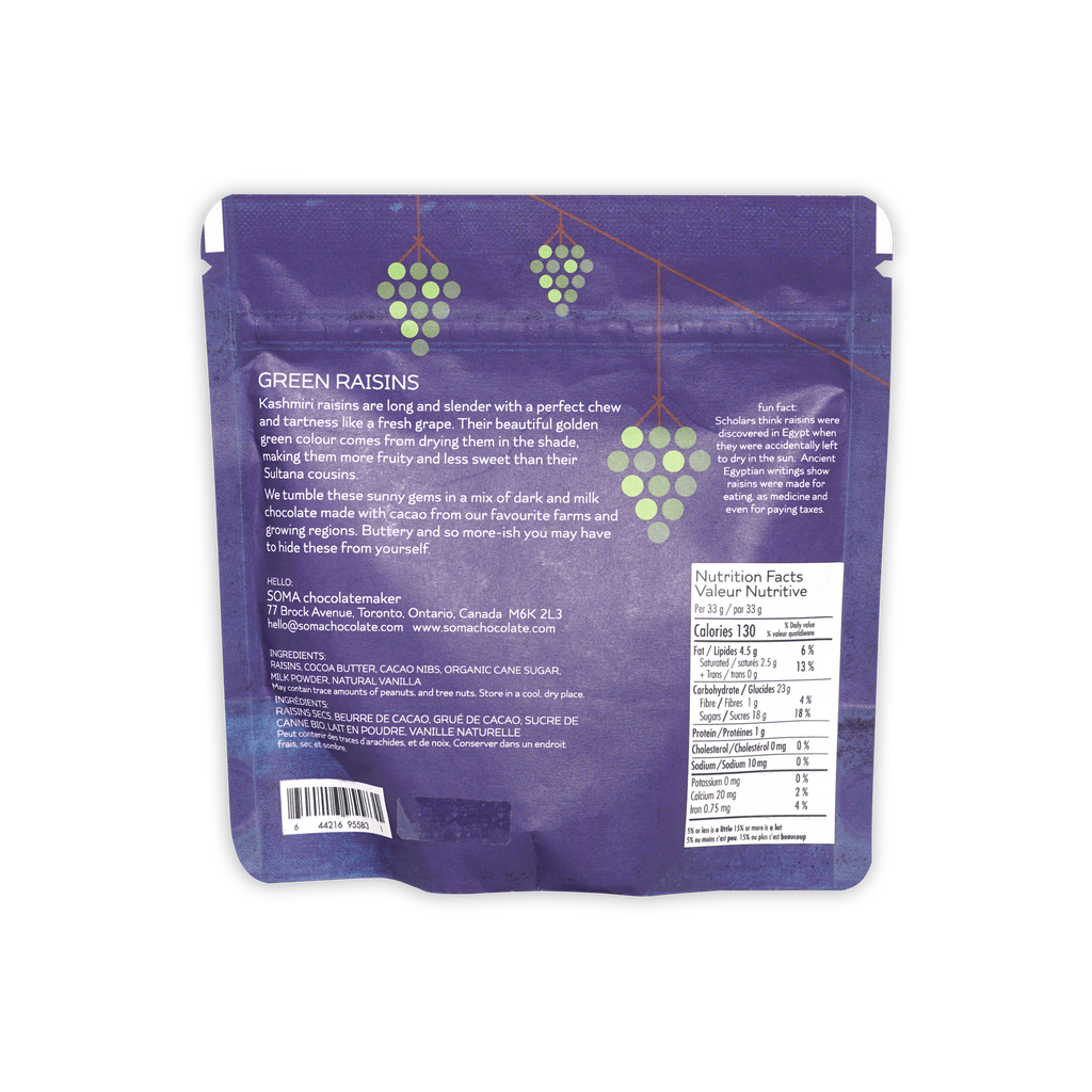 Soma Milk Chocolate Covered Green Raisins purple pouch back with nutritional info