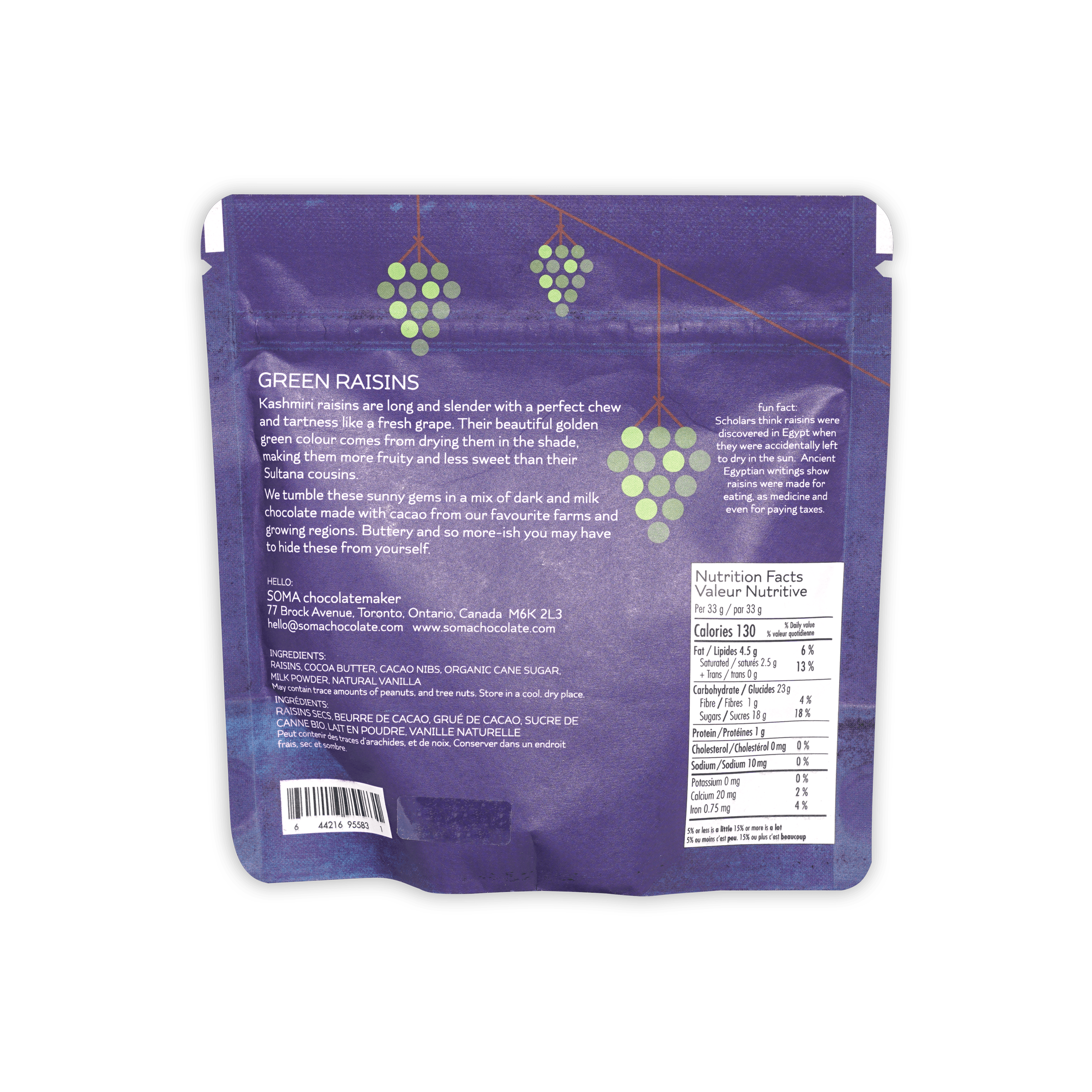Soma Milk Chocolate Covered Green Raisins purple pouch back with nutritional info