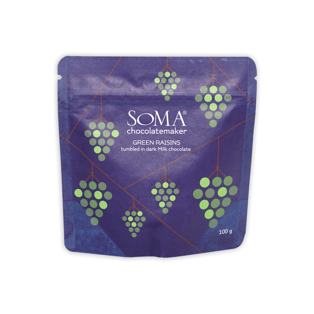 Soma milk chocolate covered green raisins purple pouch 100g