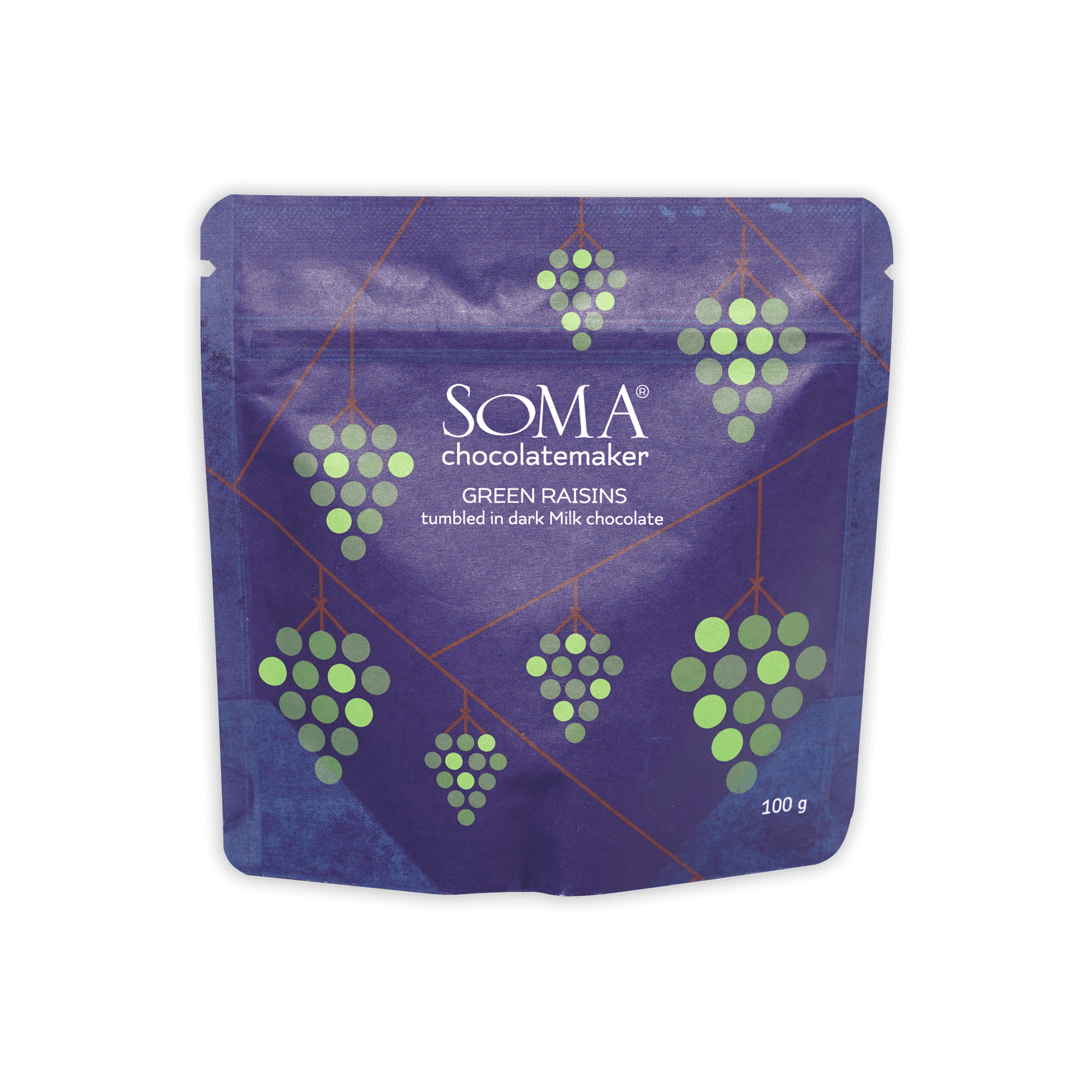 Soma milk chocolate covered green raisins purple pouch 100g