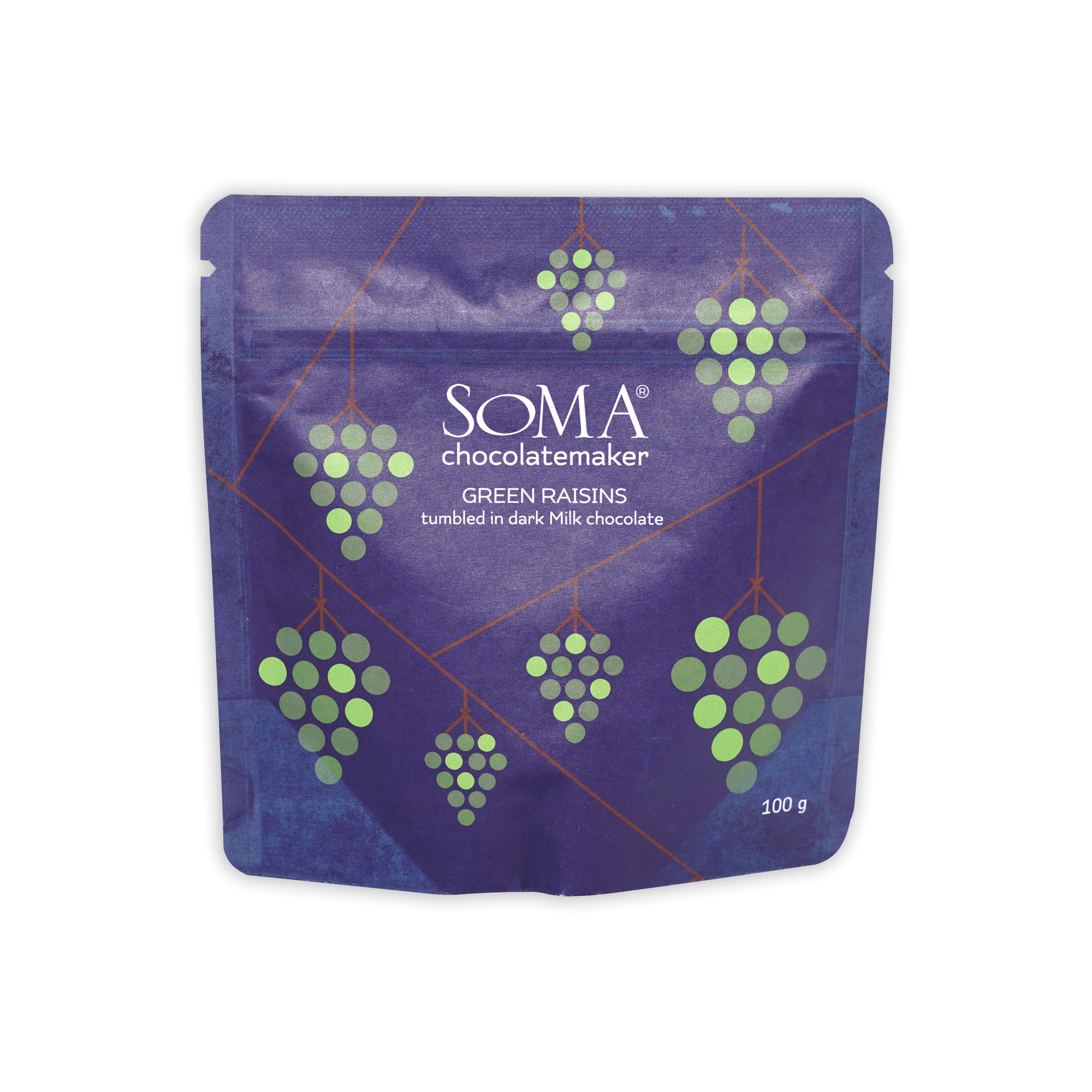 Soma milk chocolate covered green raisins purple pouch 100g