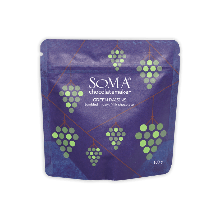 Soma milk chocolate covered green raisins purple pouch 100g