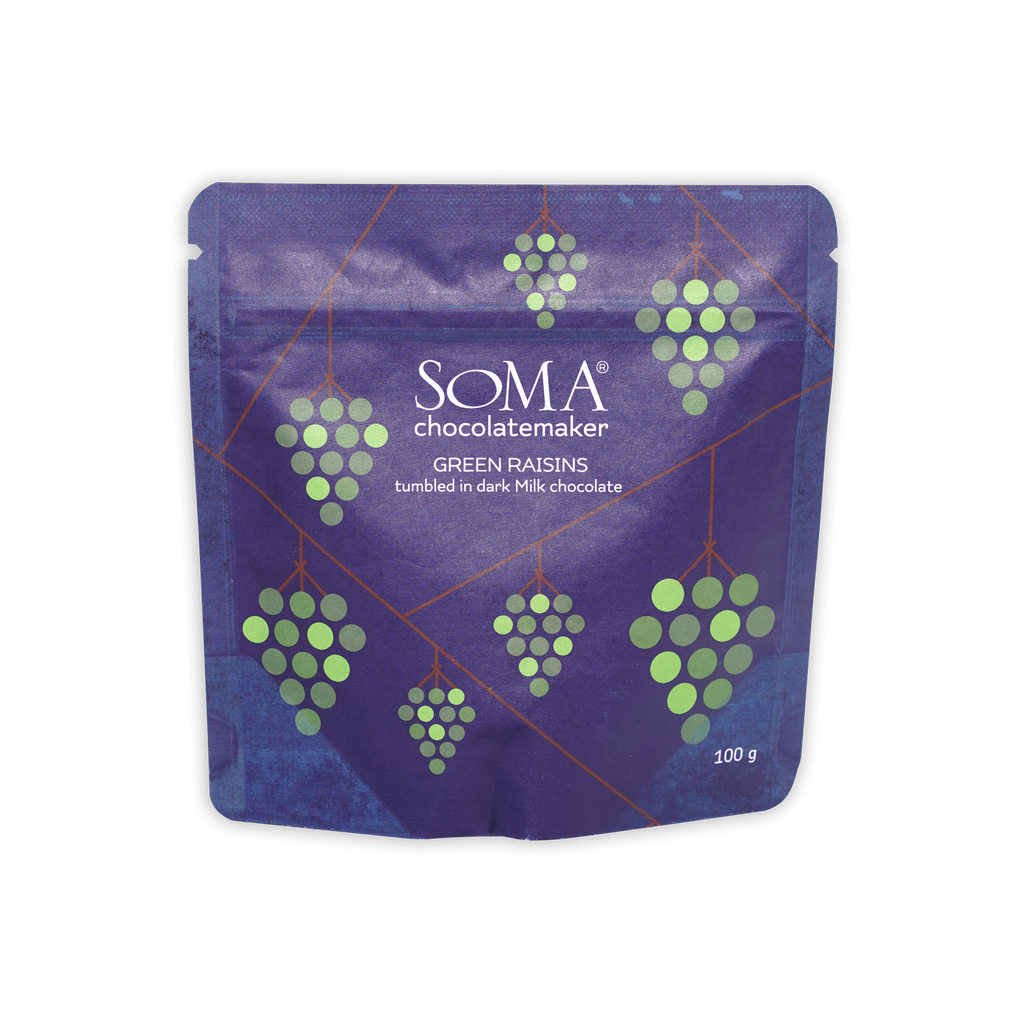 Soma milk chocolate covered green raisins purple pouch 100g