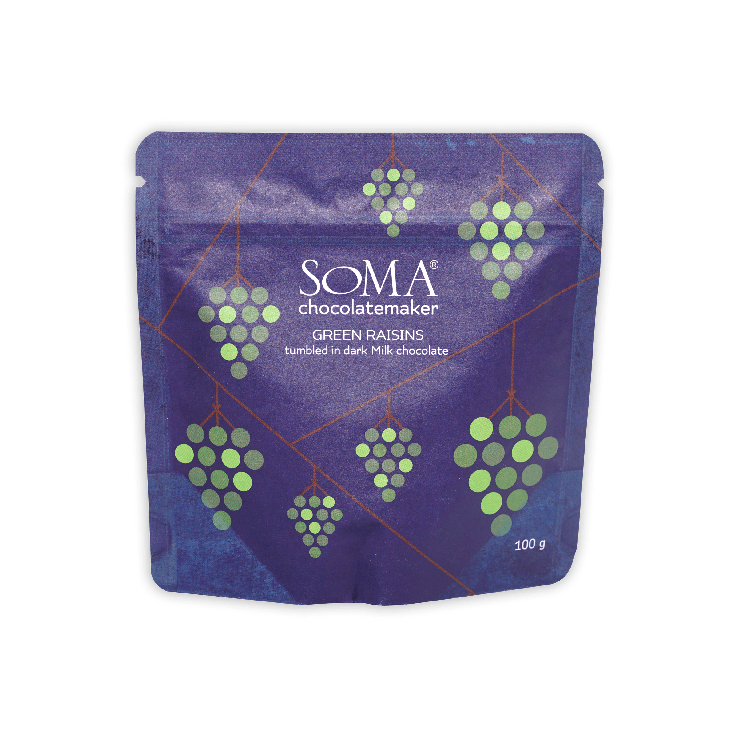 Soma milk chocolate covered green raisins purple pouch 100g