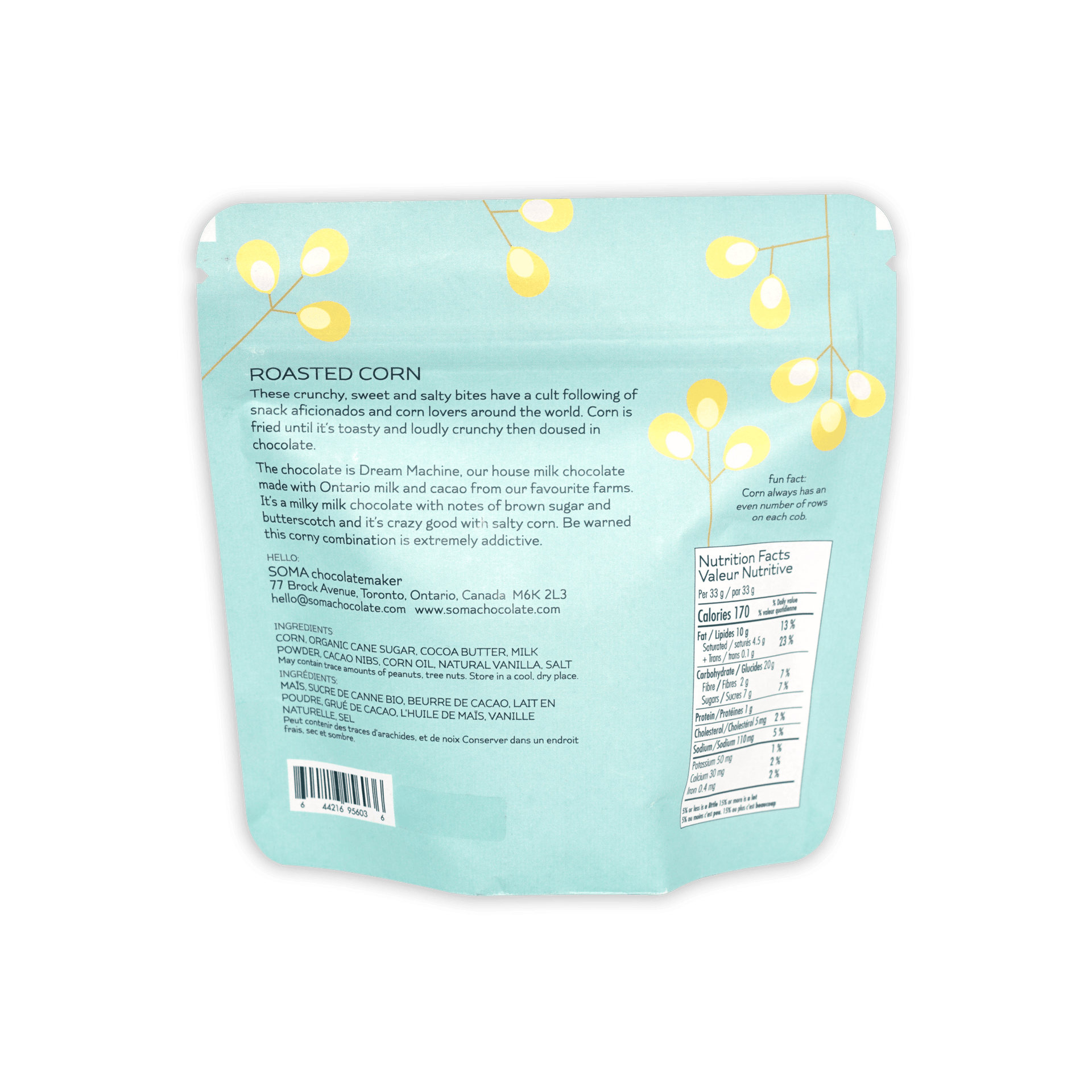 Soma milk chocolate covered roasted corn light blue pouch with yellow string lights
