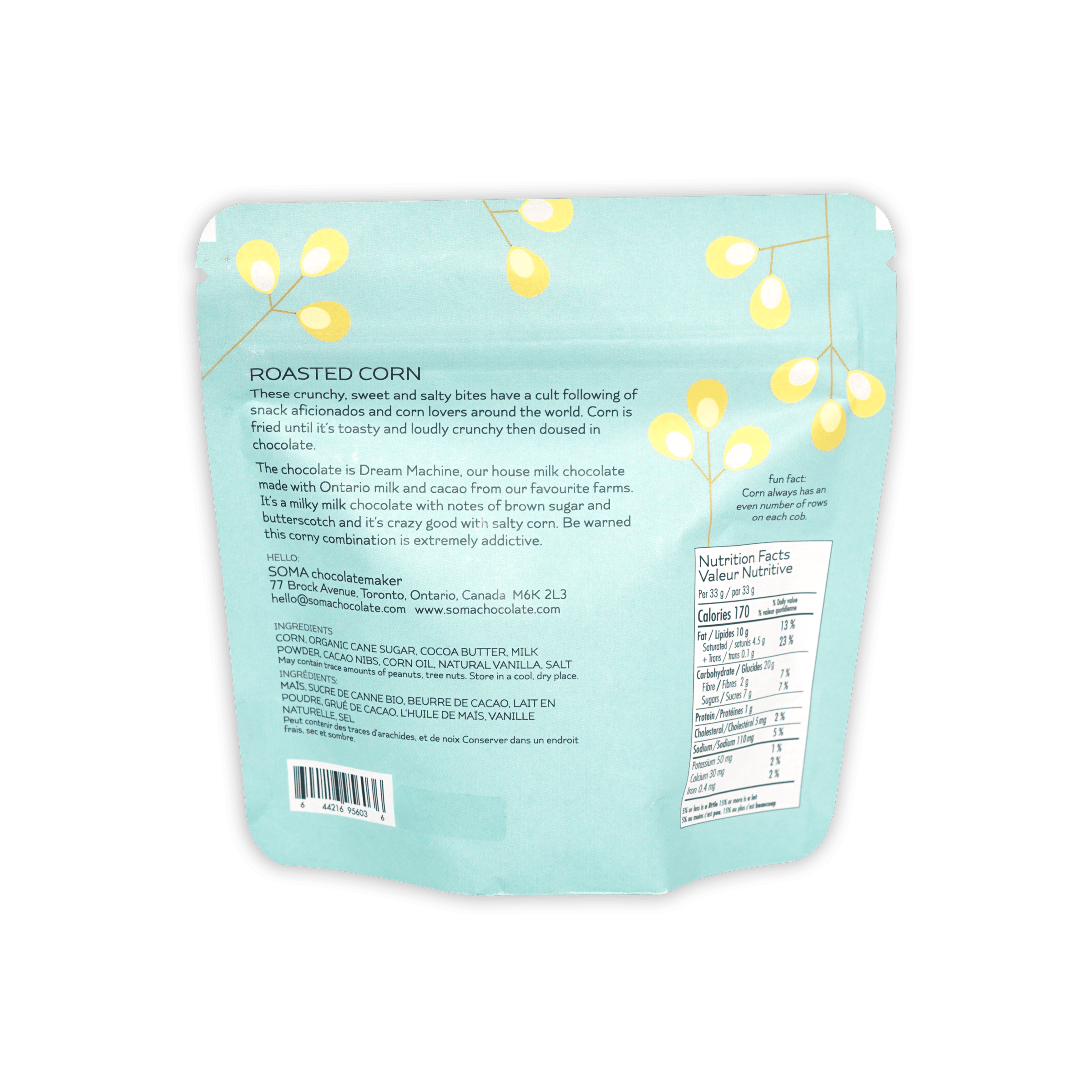 Soma milk chocolate covered roasted corn light blue pouch with yellow string lights