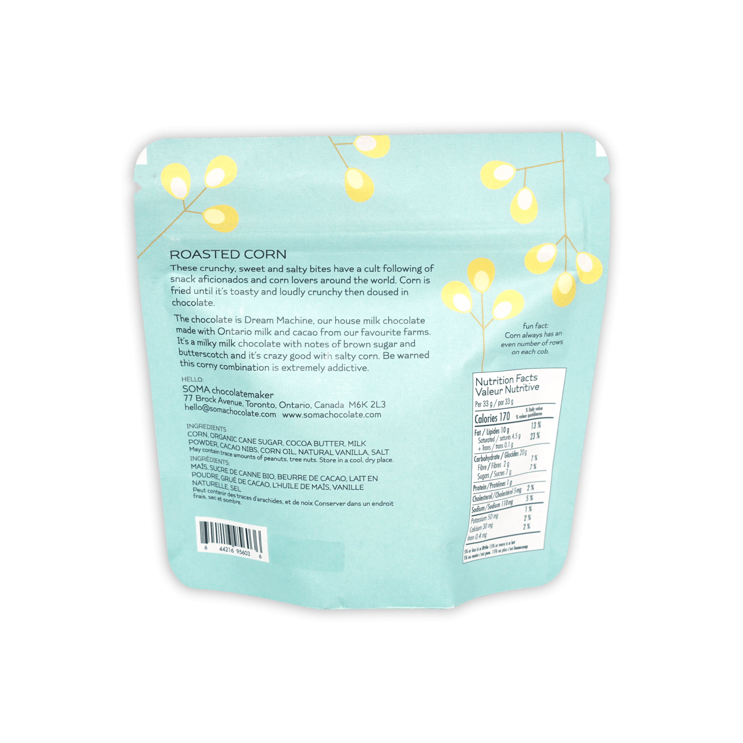 Soma milk chocolate covered roasted corn light blue pouch with yellow string lights