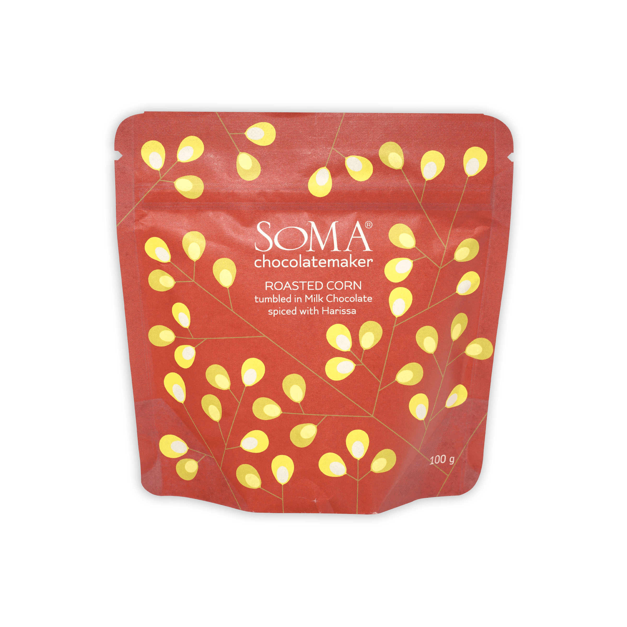 Soma Milk Chocolate Covered Roasted Corn with Spiced Harissa red pouch