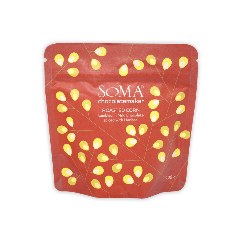 Soma Milk Chocolate Covered Roasted Corn with Spiced Harissa red pouch