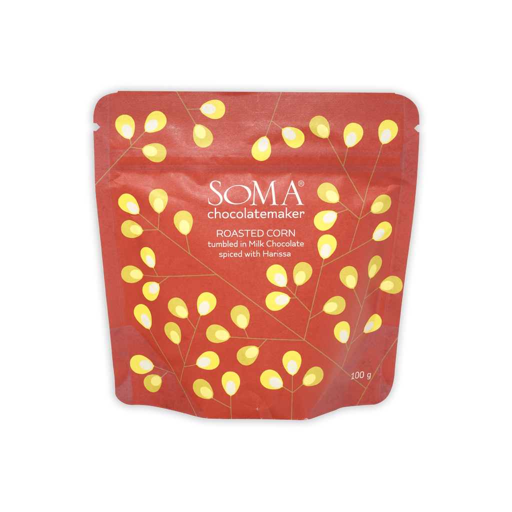 Soma Milk Chocolate Covered Roasted Corn with Spiced Harissa red pouch