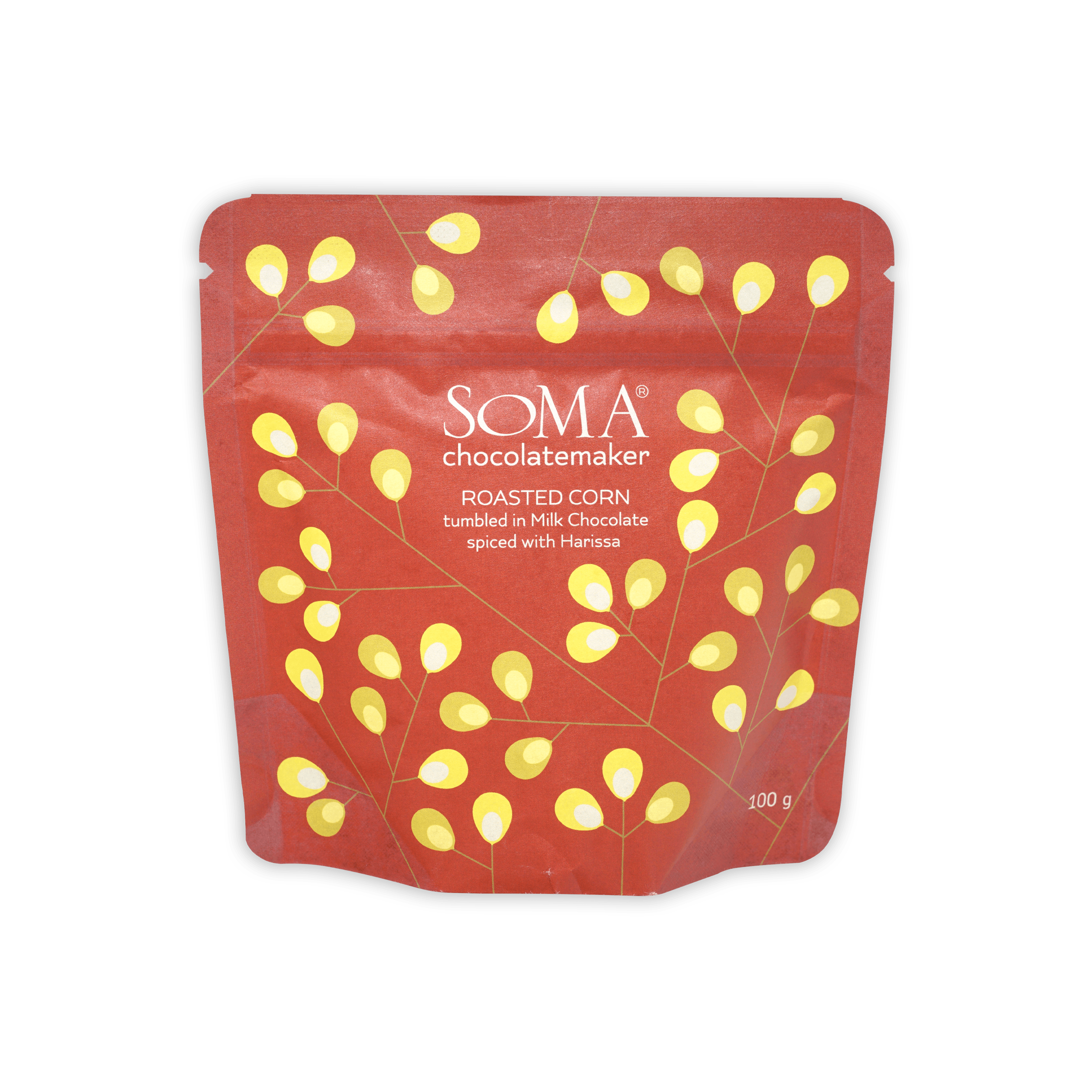 Soma Milk Chocolate Covered Roasted Corn with Spiced Harissa red pouch