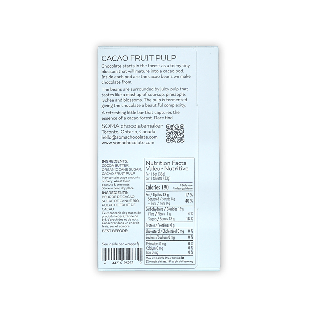 Back of Soma Mini Cacao Fruit Pulp white box with ingredients and nutrition facts
