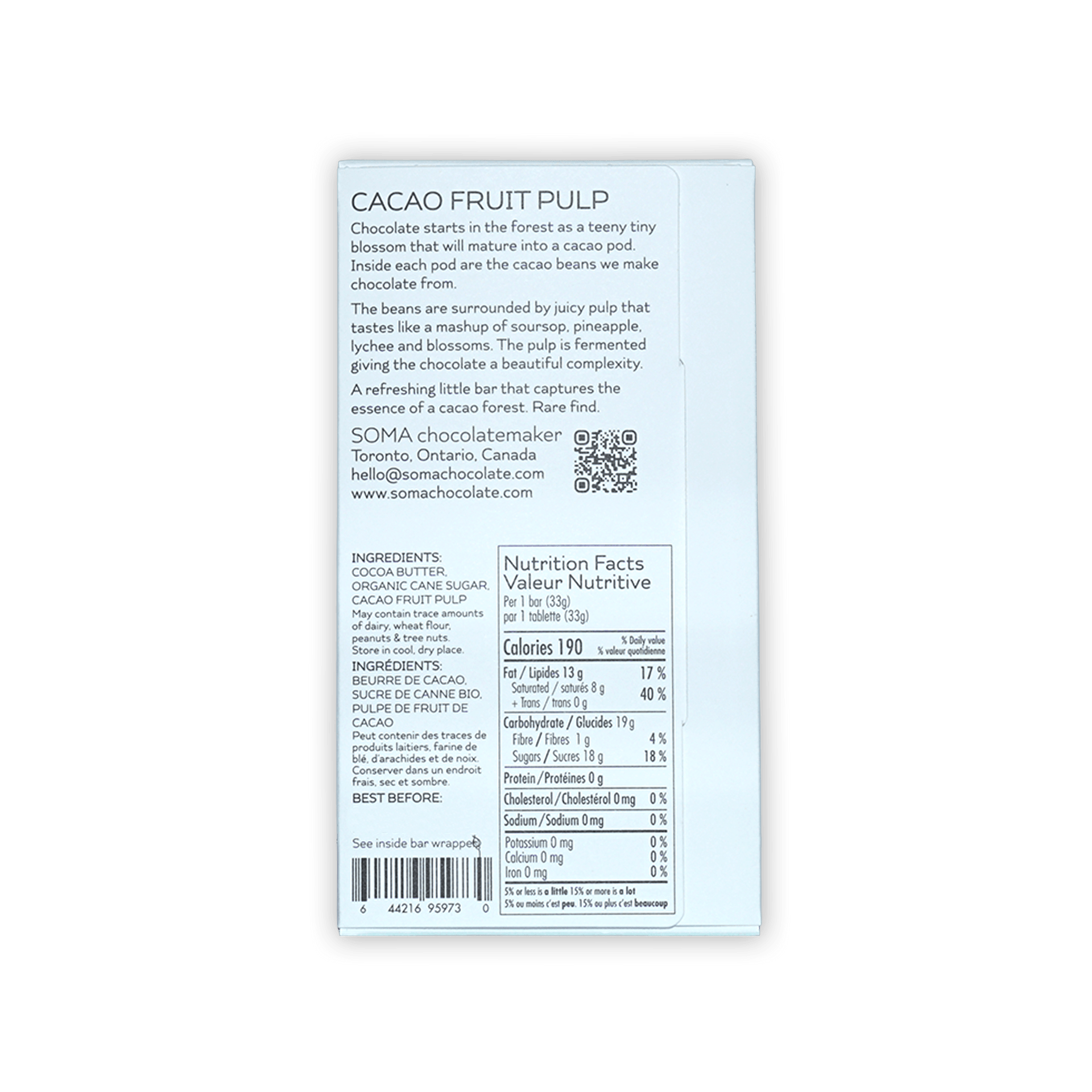 Back of Soma Mini Cacao Fruit Pulp white box with ingredients and nutrition facts