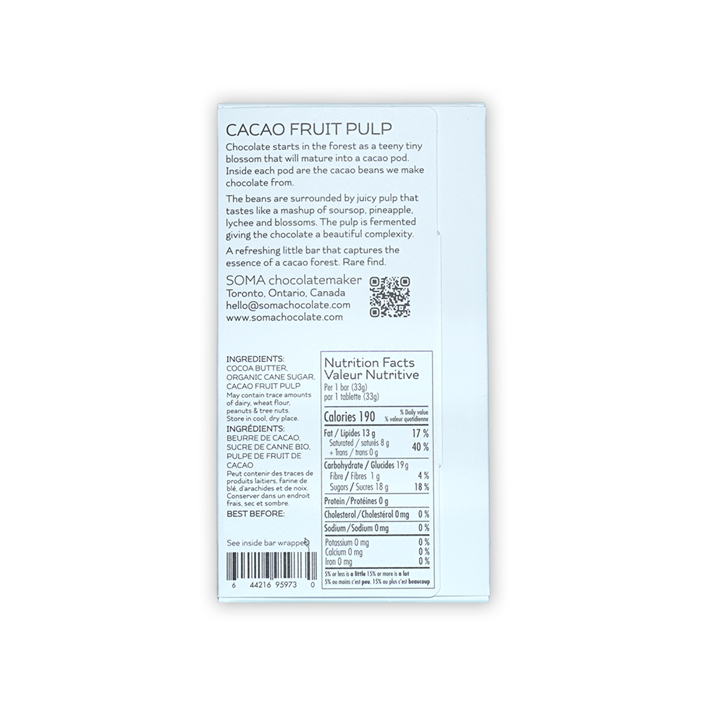 Back of Soma Mini Cacao Fruit Pulp white box with ingredients and nutrition facts