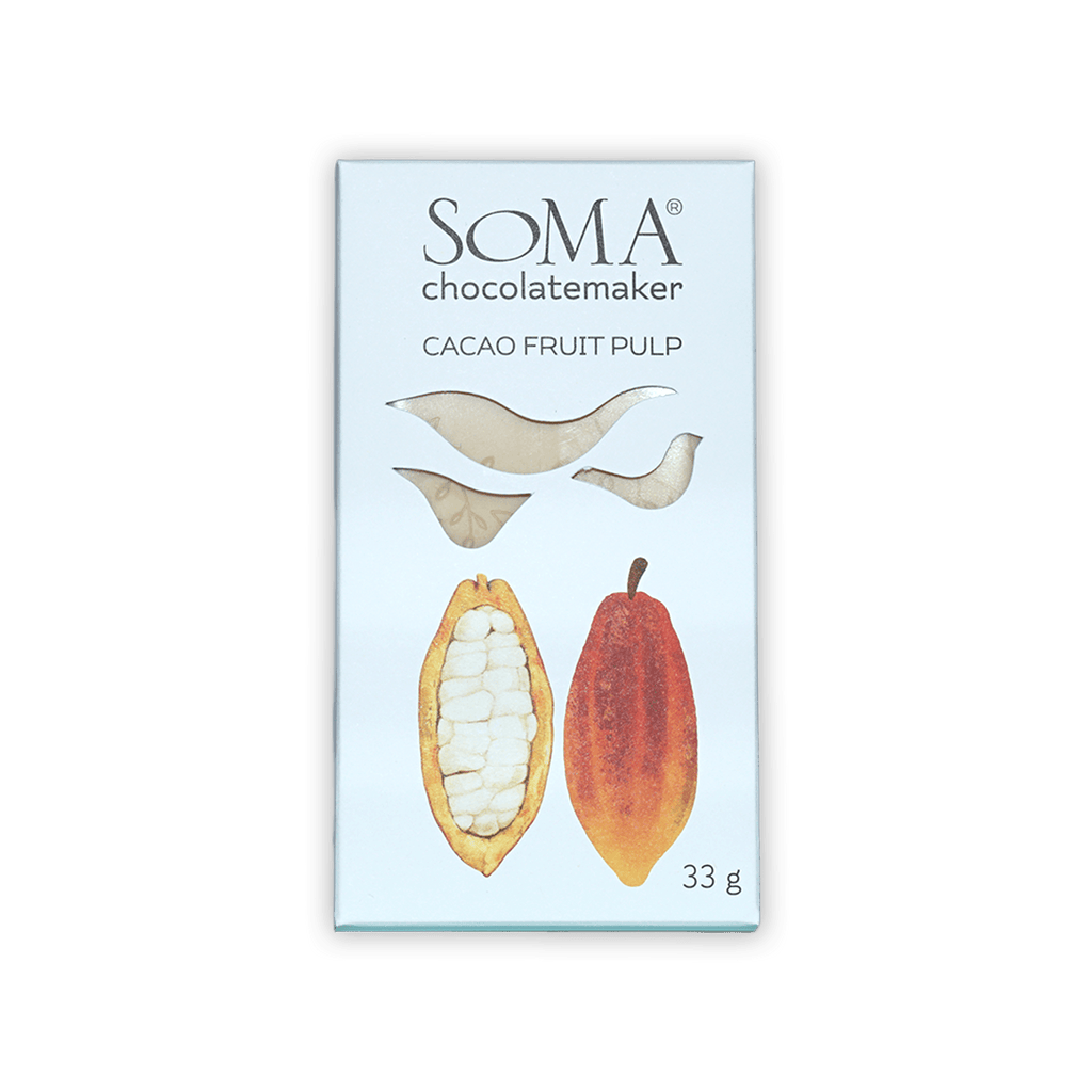 Soma Mini Cacao Fruit Pulp bar in white package with cocoa pods