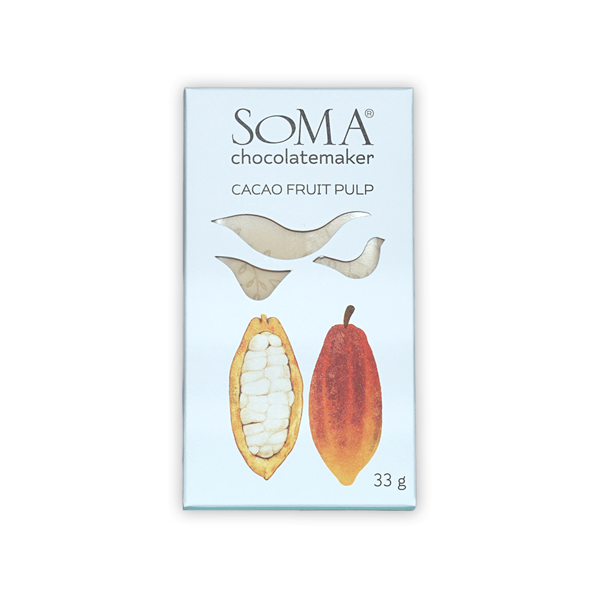 Soma Mini Cacao Fruit Pulp bar in white package with cocoa pods