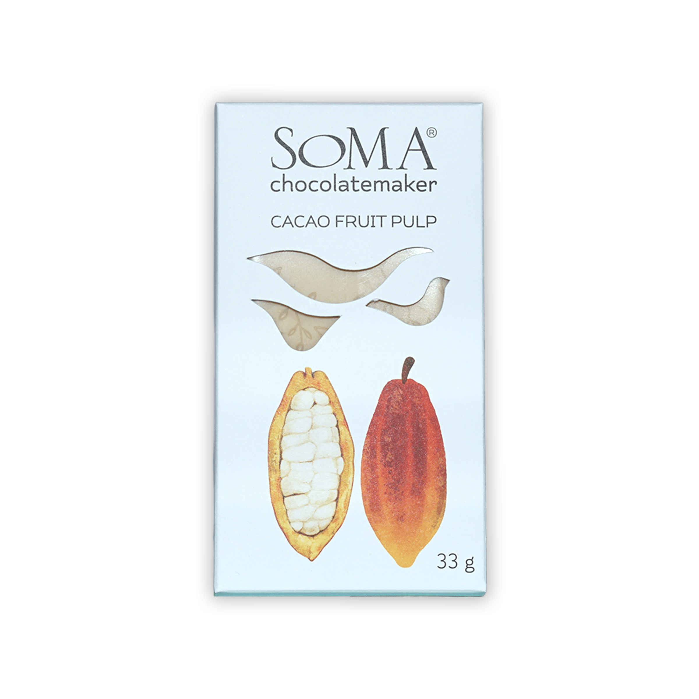 Soma Mini Cacao Fruit Pulp bar in white package with cocoa pods