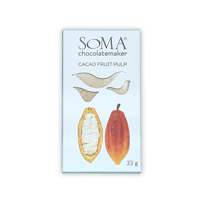 Soma Mini Cacao Fruit Pulp bar in white package with cocoa pods